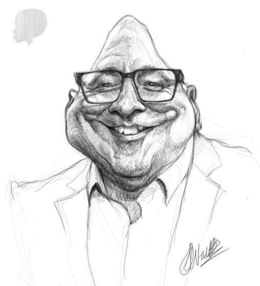 caricature drawing of Simon Beard